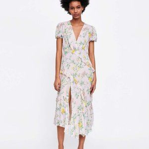 Zara Blush Pink Floral Ruffle Midi Dress